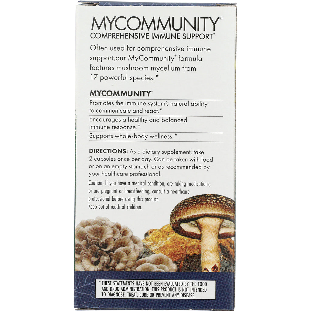 FUN003 | Back of MyCommunity supplement box showing product description, directions, warnings and mushroom illustrations - Thumbnail