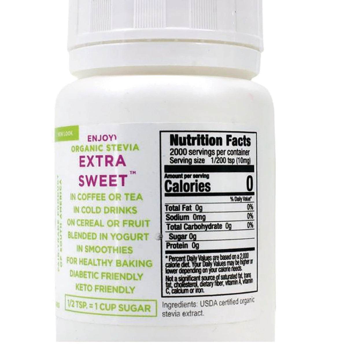 STV016 | Back label with Nutrition Facts and claims: Organic Stevia Extra Sweet, 0 calories; ingredients: organic stevia extract