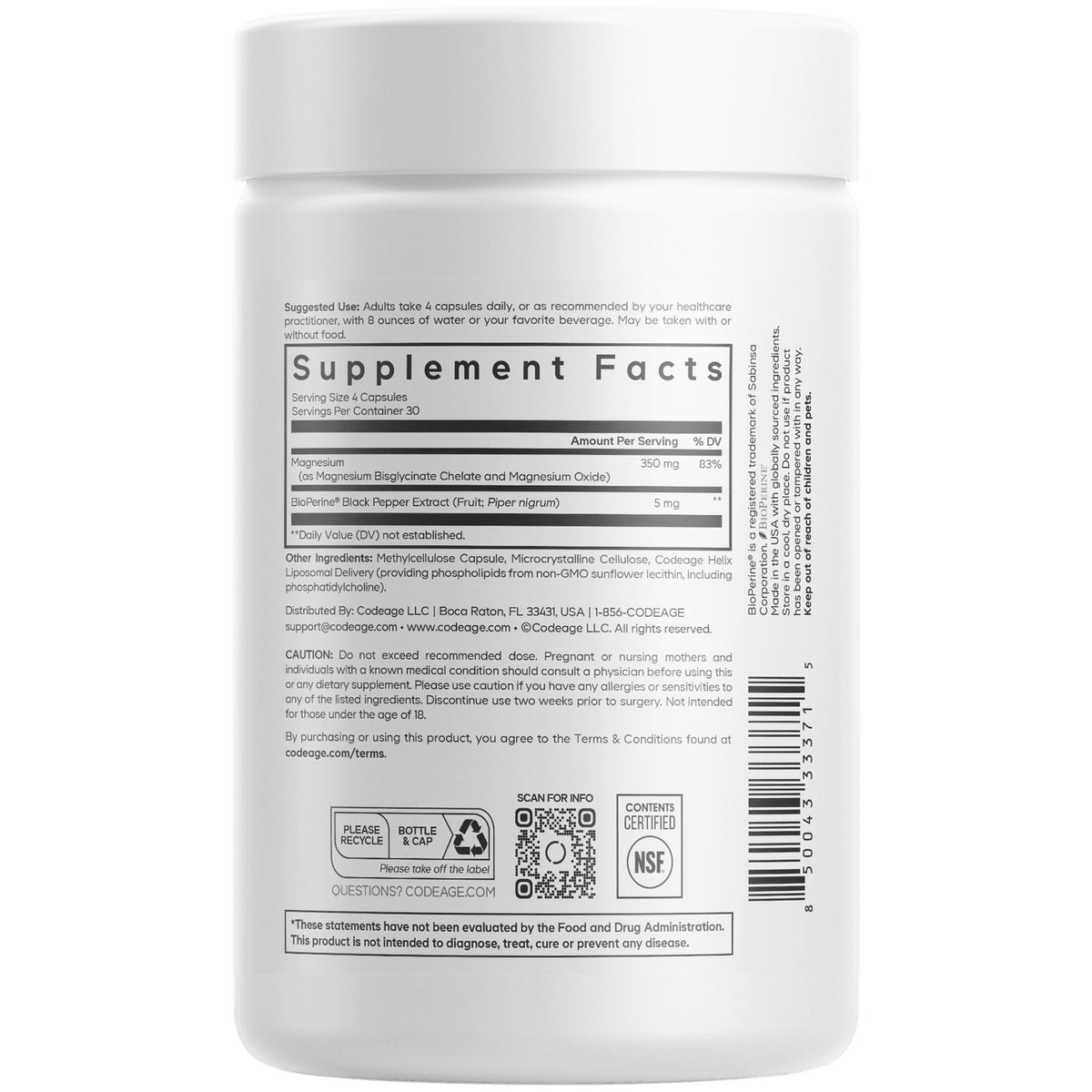 CDG011 | back label of white supplement jar showing Supplement Facts panel, barcode, QR code, and recycle icons
