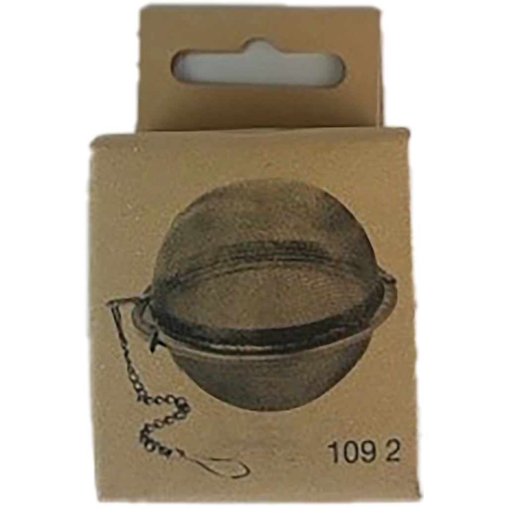 FNP044 | round stainless steel tea infuser ball with chain shown on beige retail hang card labeled 1092 - Thumbnail