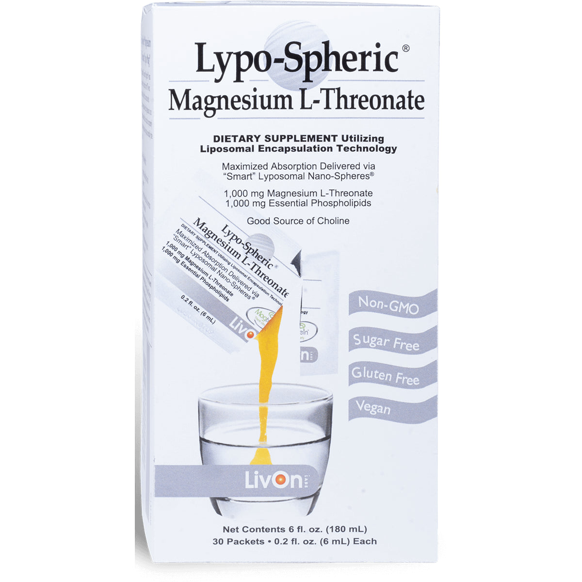 LVL006 | Lypo-Spheric Magnesium L-Threonate supplement box front with packet pouring liquid into glass, LivOn branding, Non-GMO Sugar Free Gluten Free Vegan