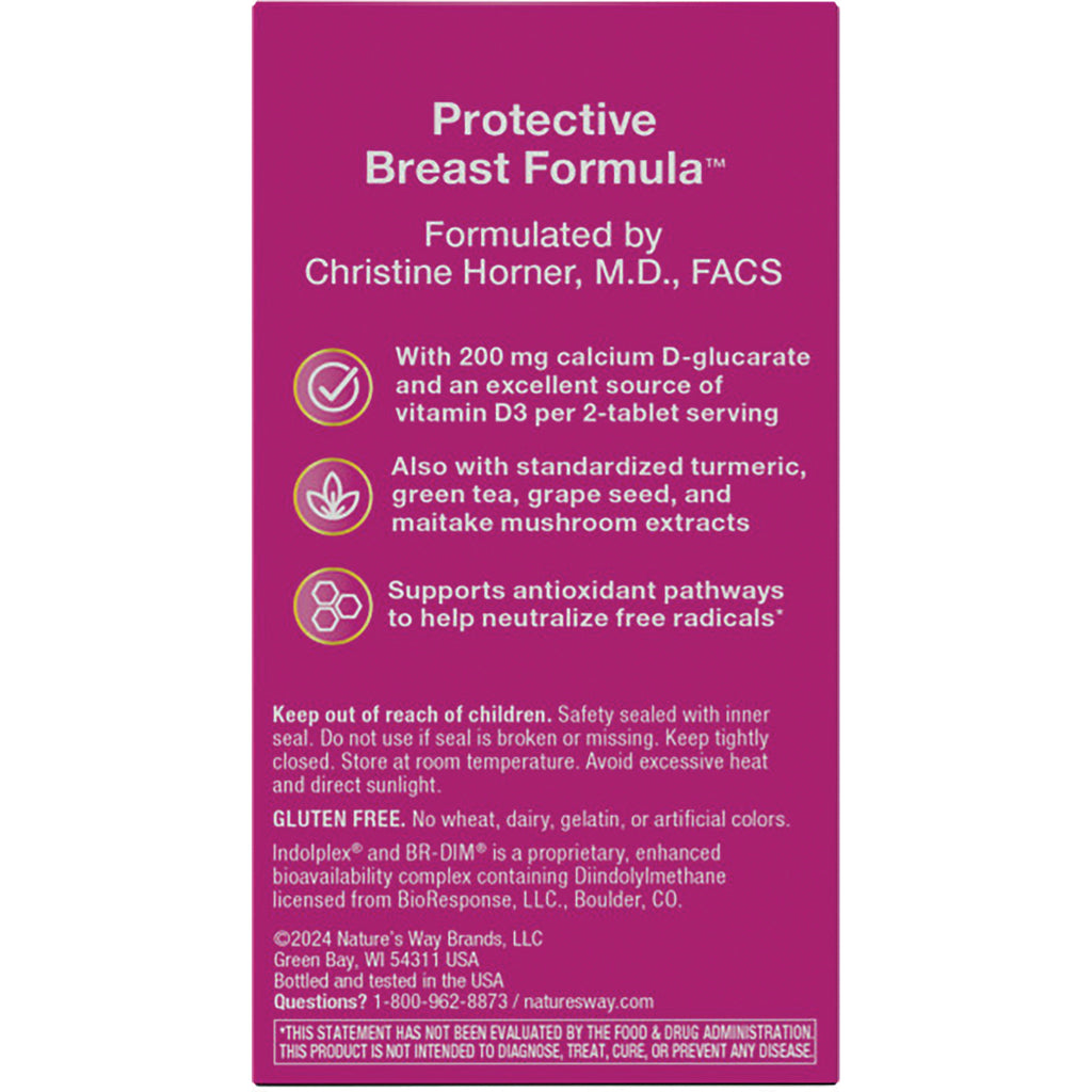 ET455 | back panel of magenta supplement box labeled Protective Breast Formula with ingredient highlights, warnings, and icons - Thumbnail