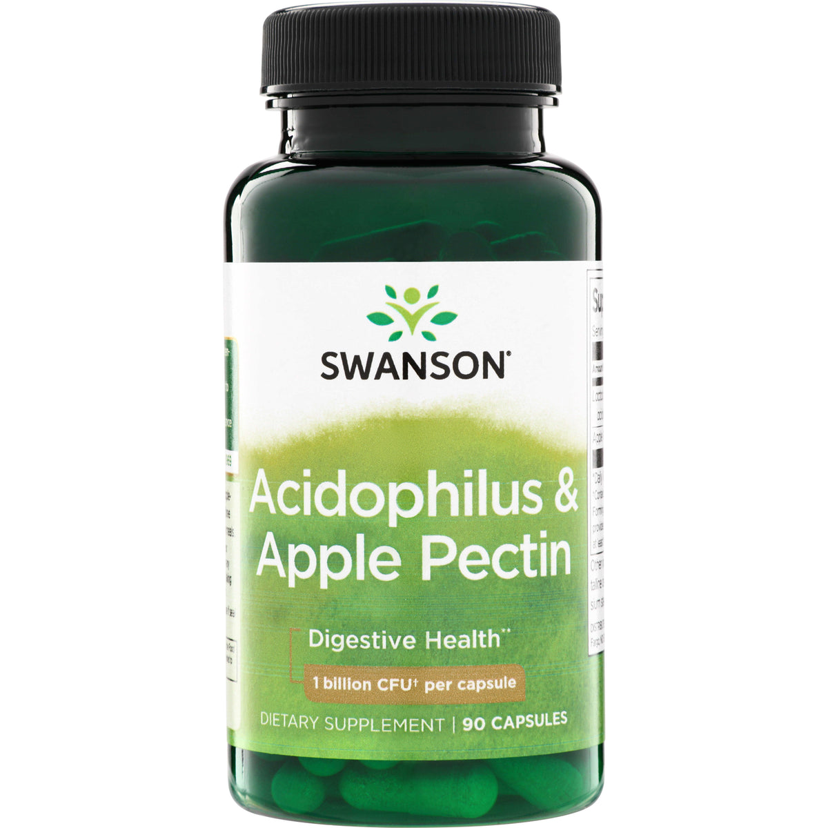 SW1380 | Swanson Acidophilus & Apple Pectin supplement bottle, Digestive Health, 1 billion CFU per capsule, 90 capsules