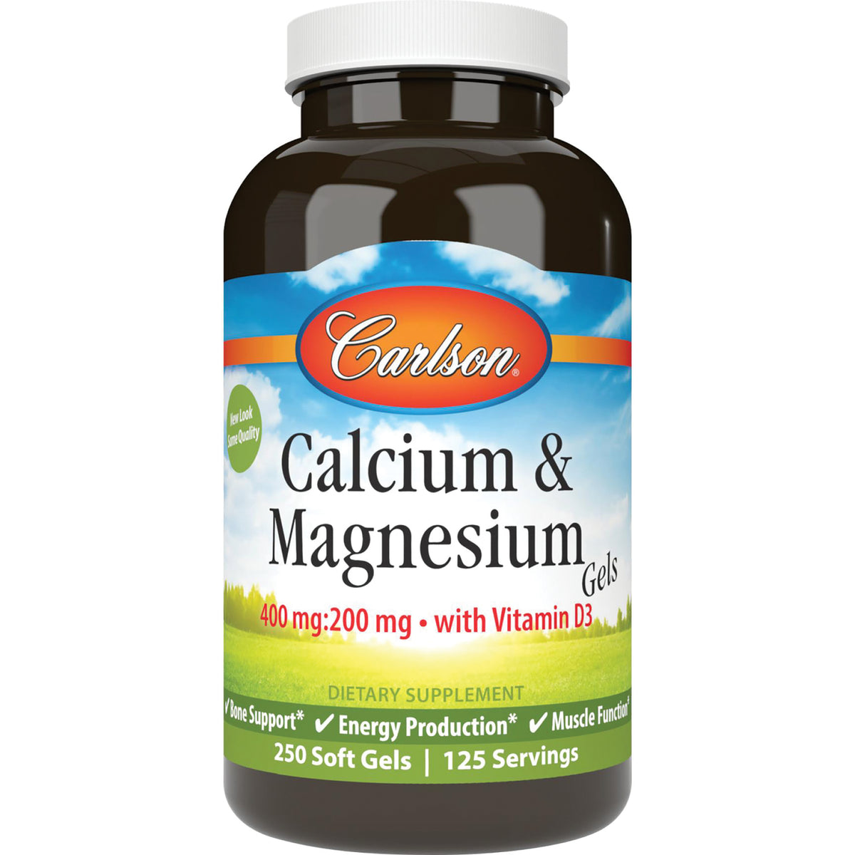 CSN195 | Carlson Calcium & Magnesium softgels bottle labeled 400 mg:200 mg with Vitamin D3, 250 soft gels