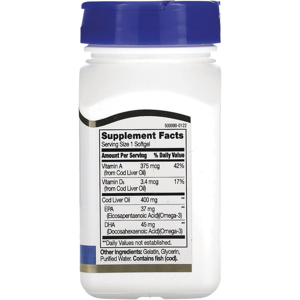 CNT111 | back label showing Supplement Facts for cod liver oil softgel, serving size 1 softgel, Cod Liver Oil 400 mg, contains fish (cod) - Thumbnail