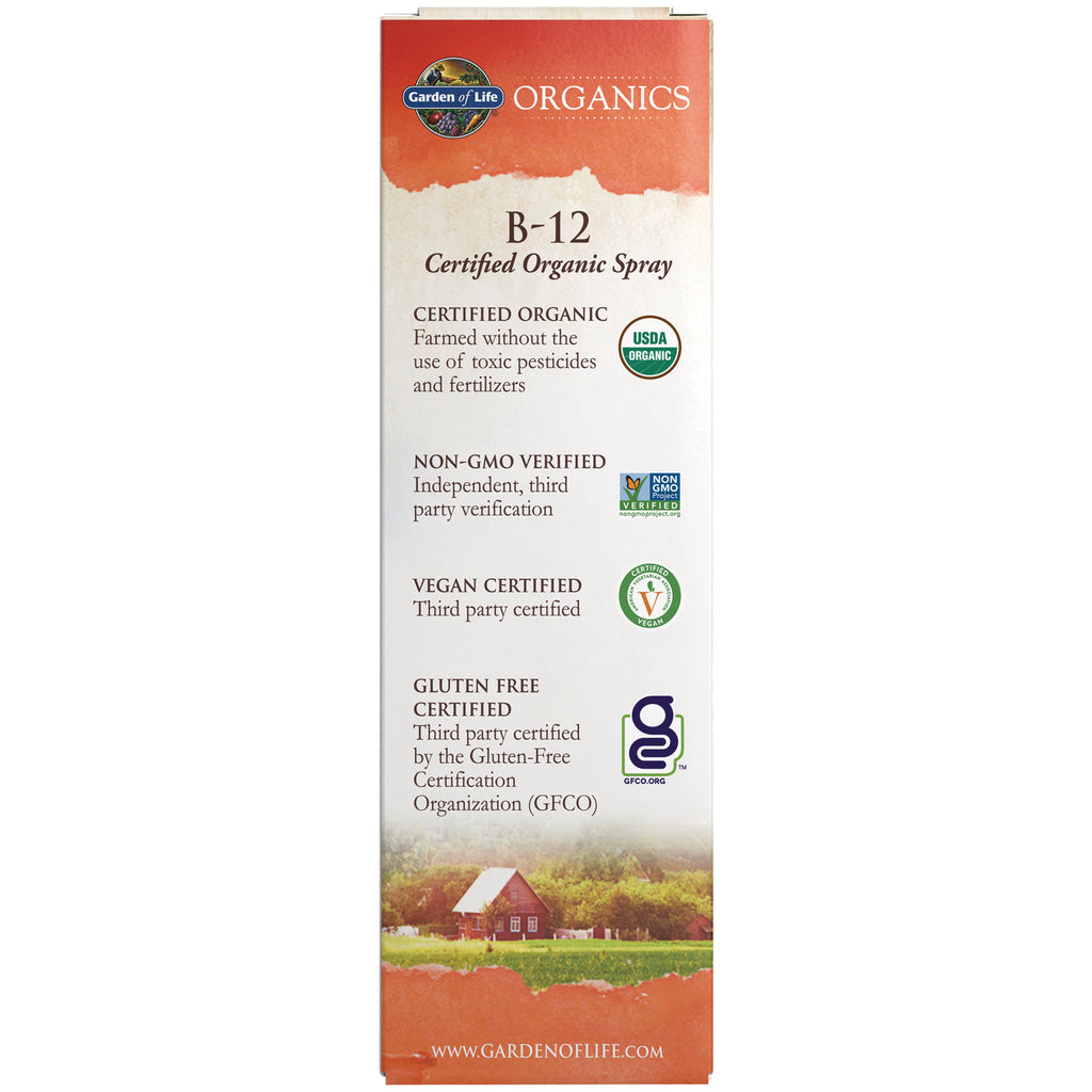 GLF186 | back panel listing B-12 Certified Organic Spray with USDA Organic, Non-GMO Verified, Vegan and Gluten Free certifications - Thumbnail