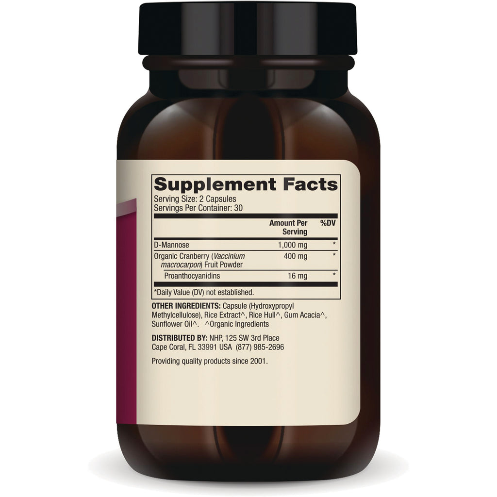 MRC052 | Back label showing Supplement Facts for 2 capsules, D-Mannose 1,000 mg and organic cranberry 400 mg - Thumbnail