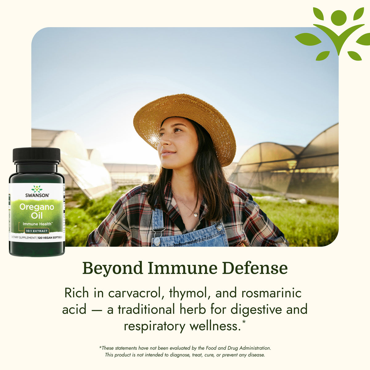 SW1016 | Woman in a sun hat in a greenhouse beside Swanson Oregano Oil supplement bottle with benefit text