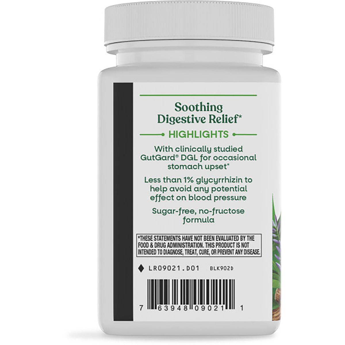 ET074 | Back of supplement bottle label reading Soothing Digestive Relief, HIGHLIGHTS about GutGard DGL and barcode