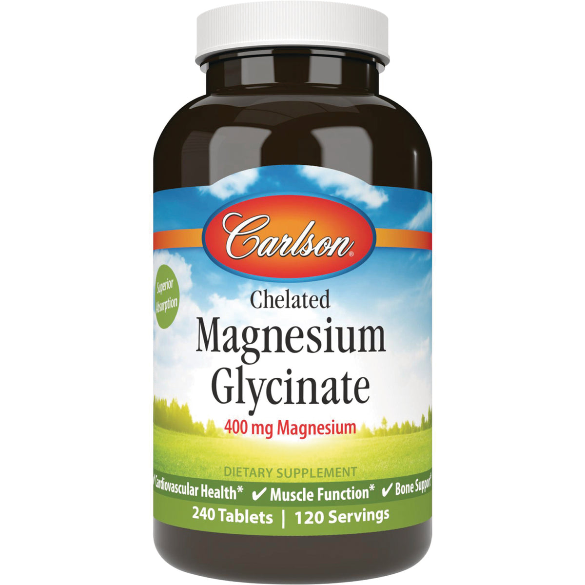 CSN315 | Carlson Chelated Magnesium Glycinate 400 mg dietary supplement bottle front label, 240 tablets