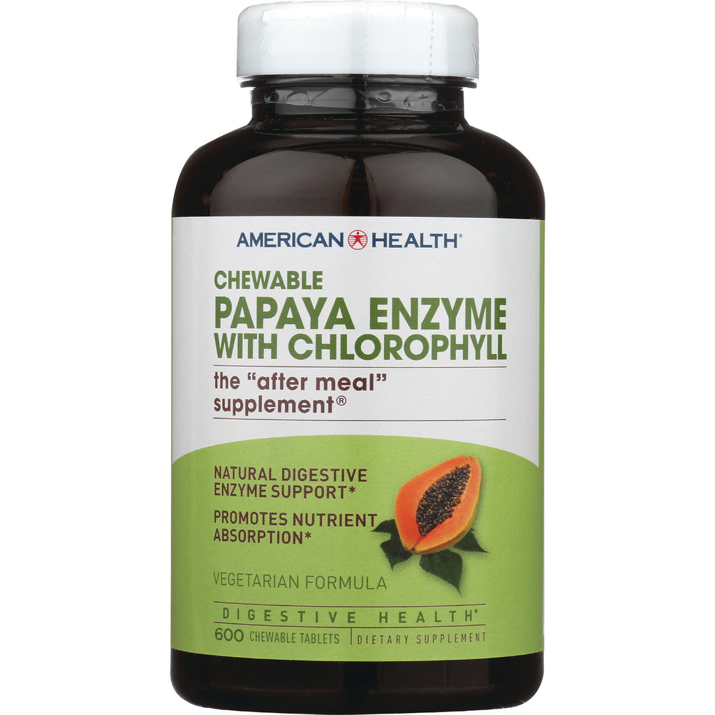 AM132 | American Health chewable Papaya Enzyme with Chlorophyll bottle label showing papaya image, 600 chewable tablets - Thumbnail
