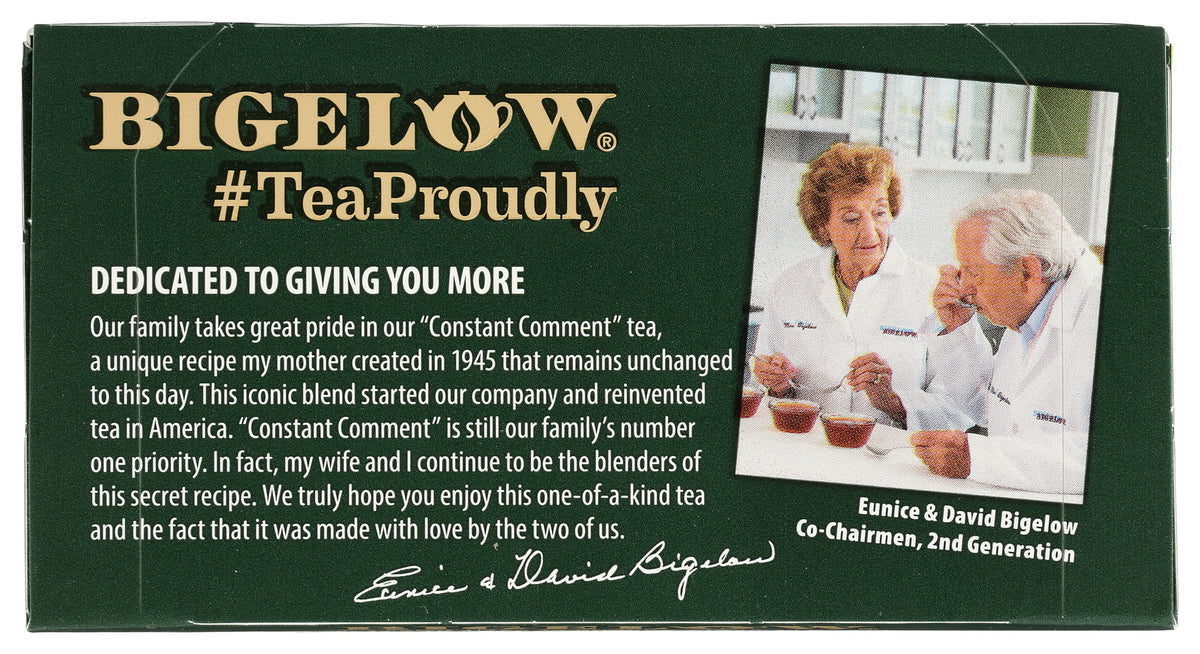 BGT011 | Bigelow tea product infographic panel with #TeaProudly headline, dedication text and photo of Eunice & David Bigelow