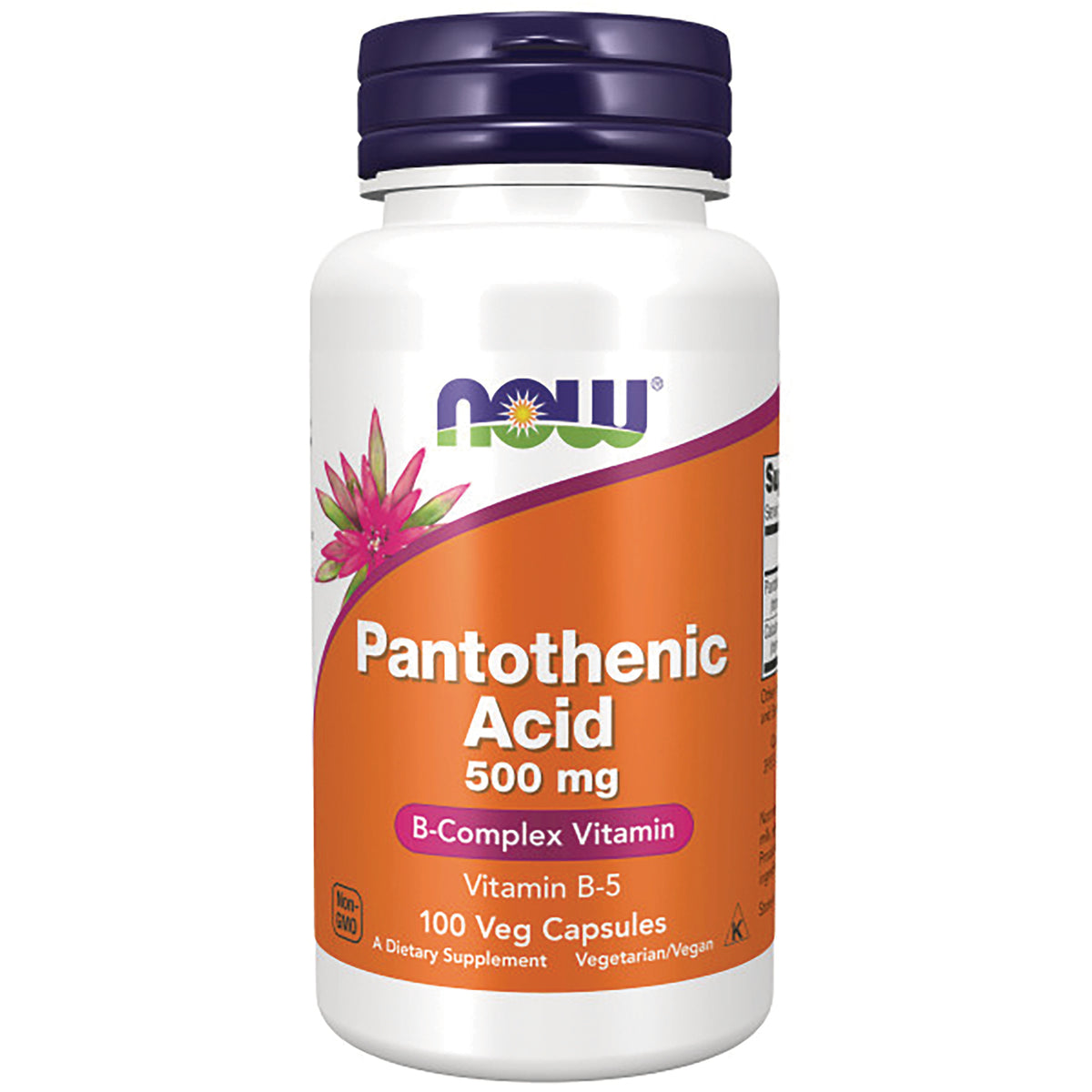 NWF340 | NOW Pantothenic Acid 500 mg bottle with orange front label, 100 Veg Capsules