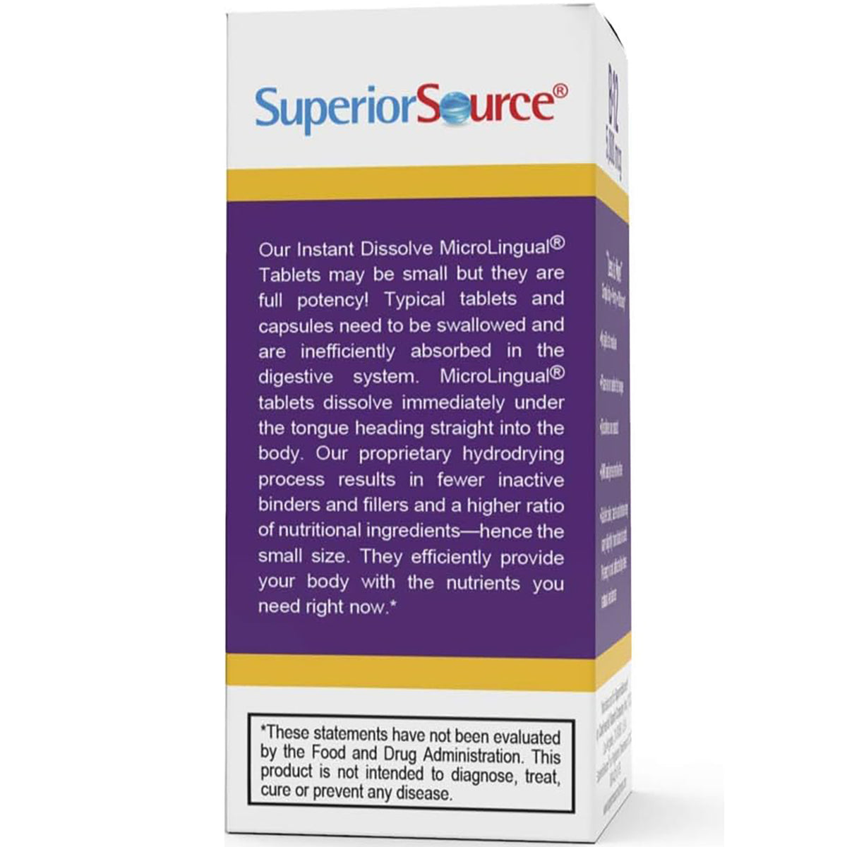 SUS008 | Superior Source package panel with MicroLingual Instant Dissolve tablets description and FDA disclaimer