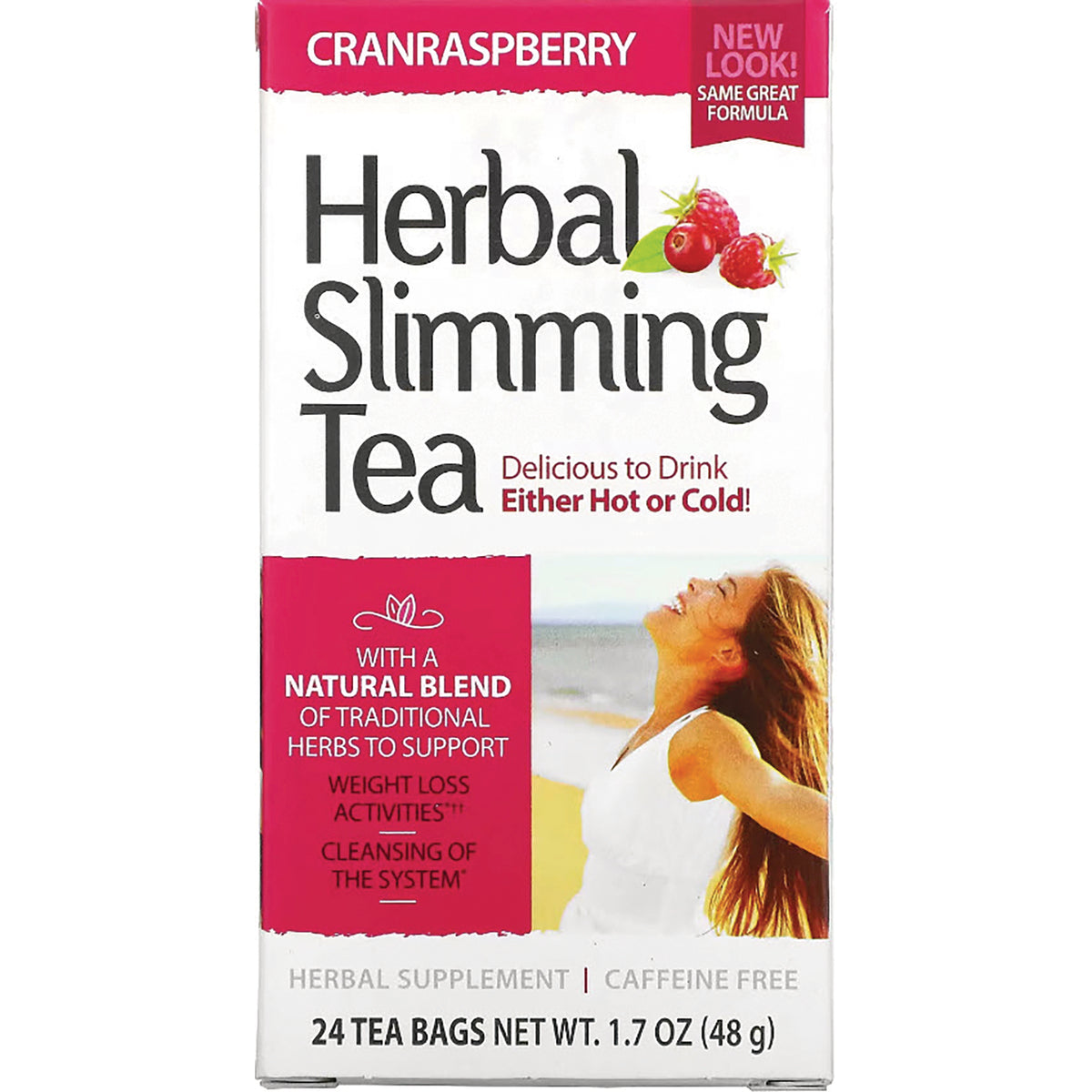 CNT148 | Herbal Slimming Tea cranberry box front showing product name, 24 tea bags and smiling woman
