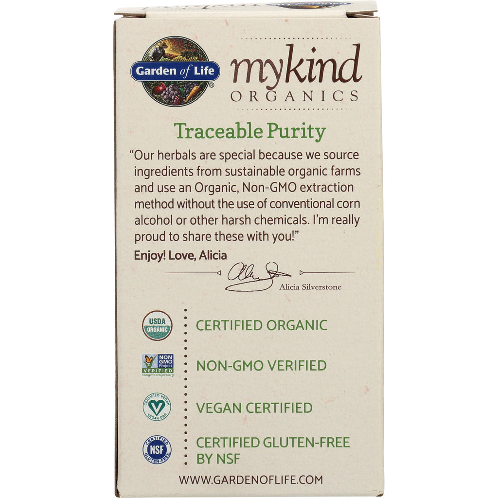 GLF256 | Back of Garden of Life mykind Organics box showing Traceable Purity text, Alicia Silverstone signature, and certification badges - Thumbnail