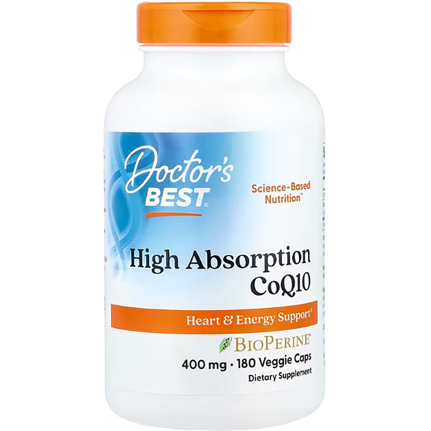 DB241 | Doctor's Best High Absorption CoQ10 bottle front label 400 mg 180 veggie caps with BioPerine