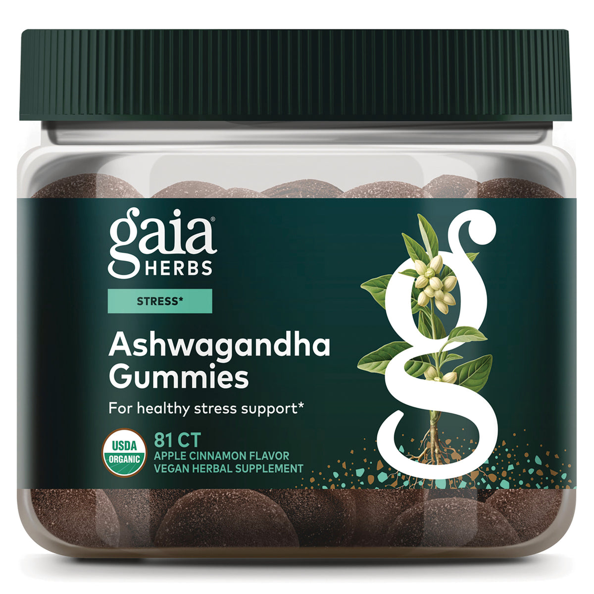 GH140 | Gaia Herbs ashwagandha apple cinnamon jar with front label reading plant-powered stress support and USDA Organic badge