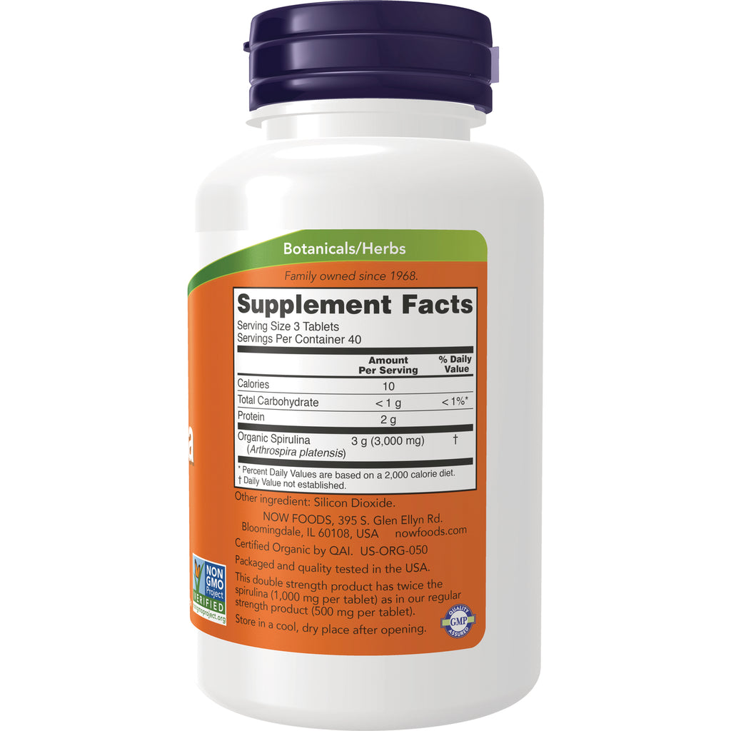 NWF1328 | Back label of supplement bottle showing Supplement Facts panel, serving size, organic spirulina and company info - Thumbnail