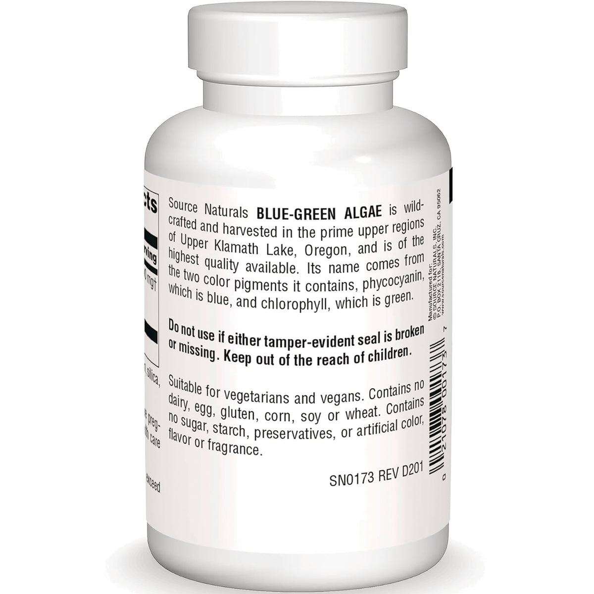 SN809 | Back label with blue-green algae description, warnings, vegetarian/vegan notes, and barcode