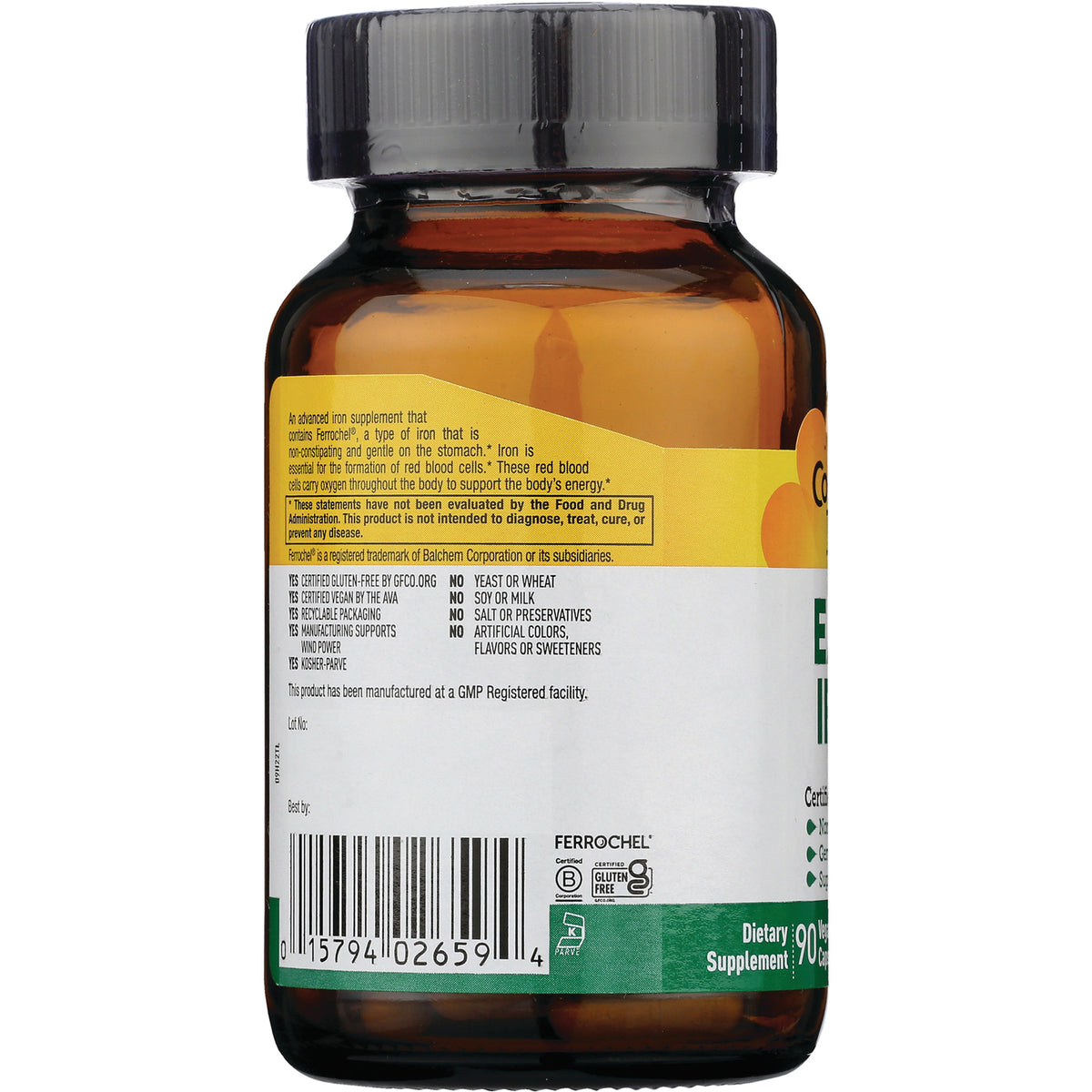 CRL340 | back of amber supplement bottle showing label with barcode, ingredient and certification text FERROCHEL