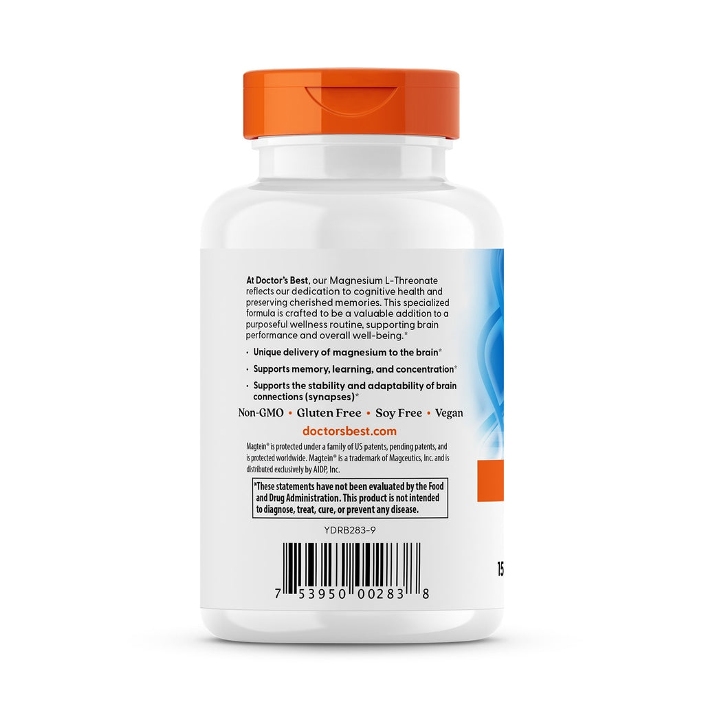 Back label of white supplement bottle showing Doctor's Best Brain Magnesium claims, directions, and barcode - Thumbnail
