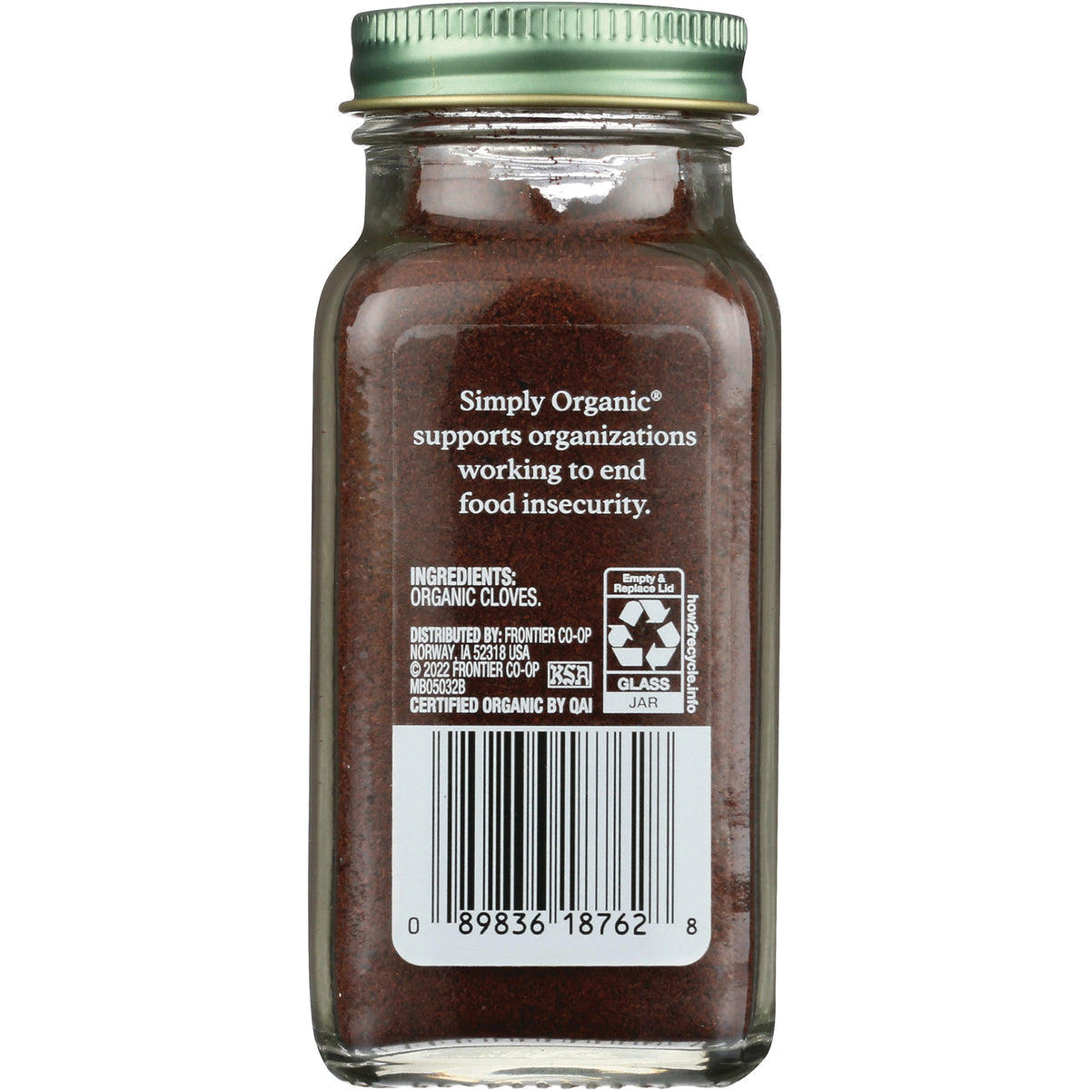 SMP063 | back of glass jar of ground organic cloves showing ingredients text, support statement, recycling icon and barcode