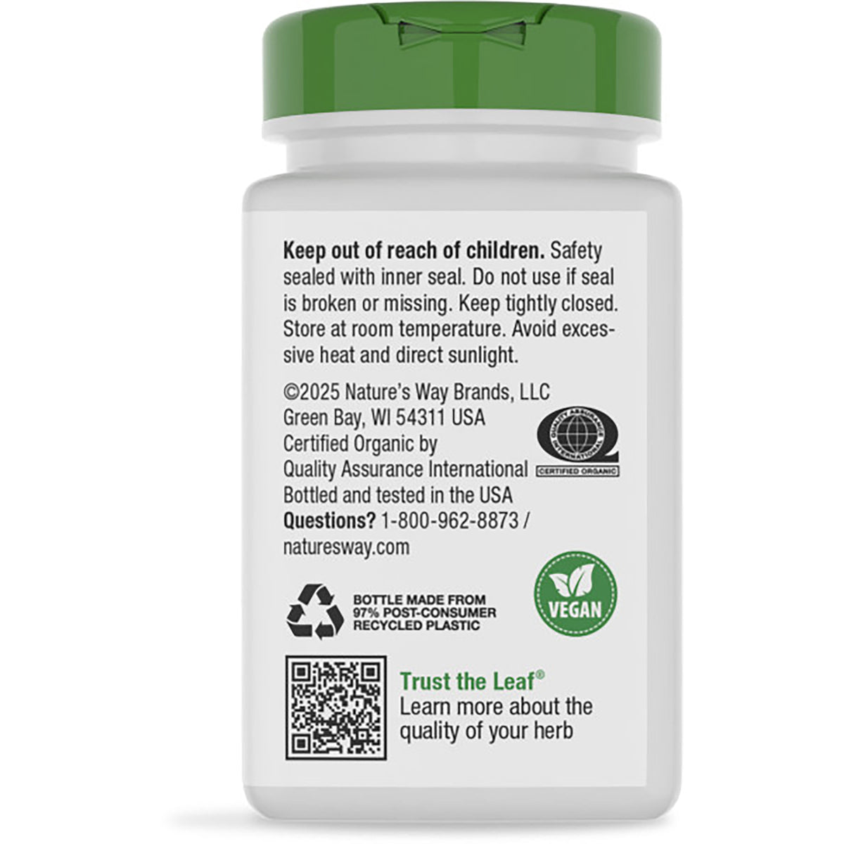 NW106 | Back of green-capped supplement bottle showing nutritional claims, certifications and barcode