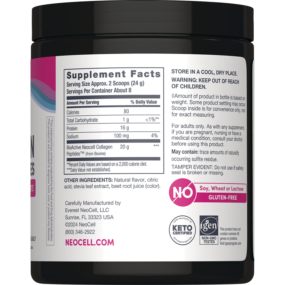 NEC045 | back of supplement jar showing Supplement Facts panel, warnings, ingredients and gluten-free badge