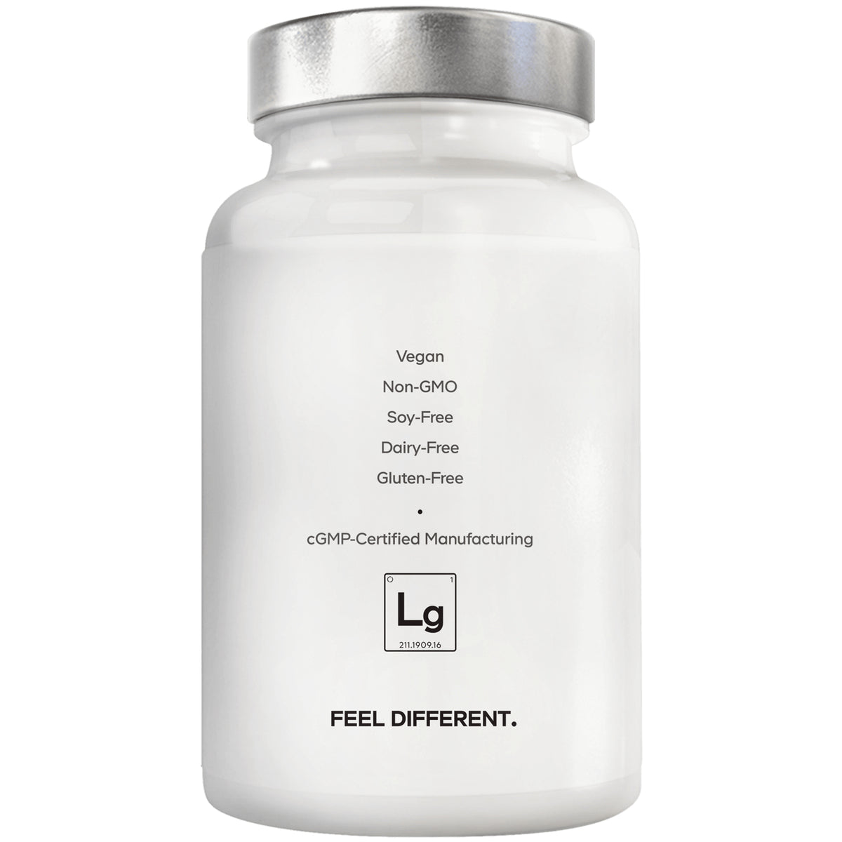 CDG006 | Back of white supplement bottle showing labels Vegan Non-GMO Soy-Free Dairy-Free Gluten-Free and FEEL DIFFERENT