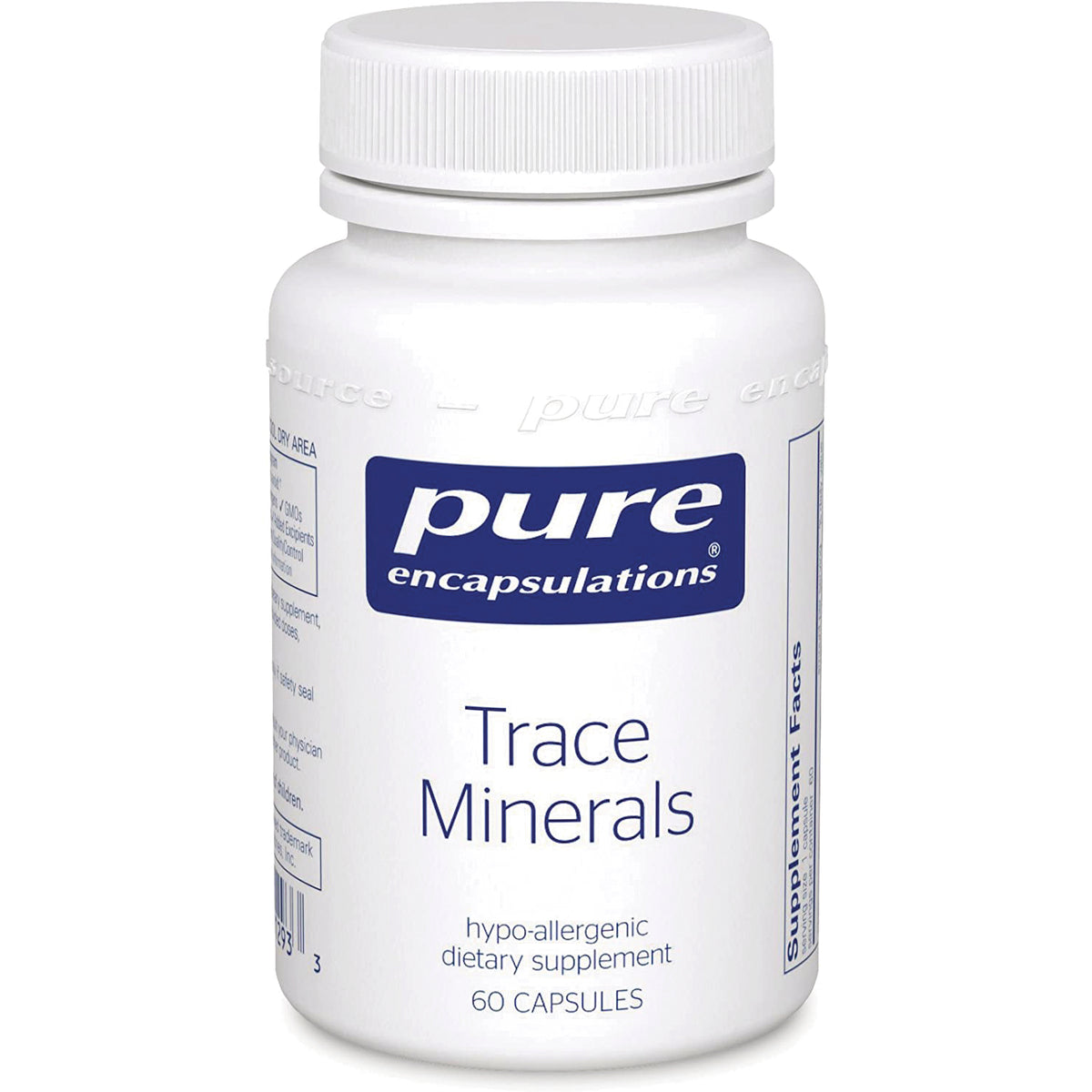 PRN127 | White bottle of Pure Encapsulations Trace Minerals dietary supplement, 60 capsules front label