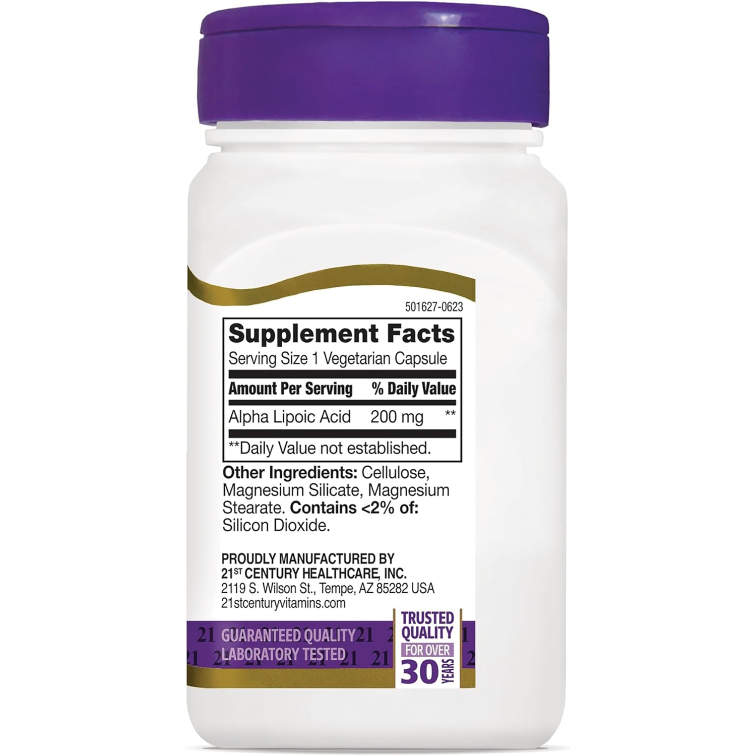 CNT286 | back label of white supplement bottle showing Supplement Facts with Alpha Lipoic Acid 200 mg and other ingredients