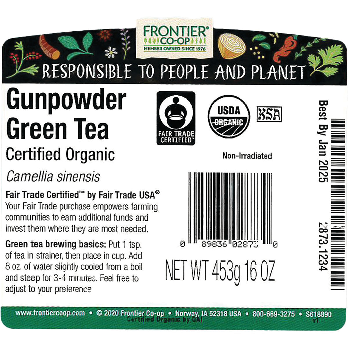 FNP031 | Back label for Frontier Gunpowder Green Tea showing certifications, brewing instructions, barcode and NET WT 453g 16 OZ