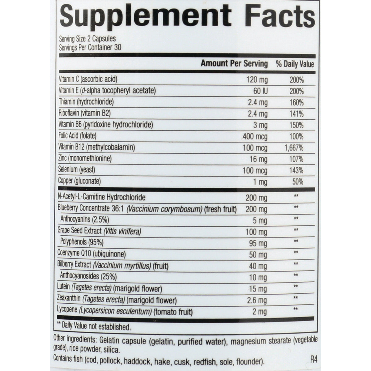 NFC150 | Supplement Facts panel listing vitamins, extracts, amounts per serving and other ingredients