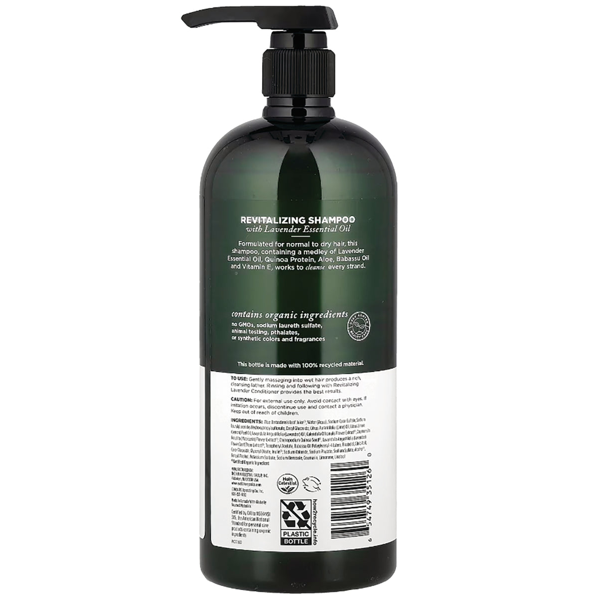 AVL061 | back label of green revitalizing shampoo bottle showing ingredients, usage instructions and barcode