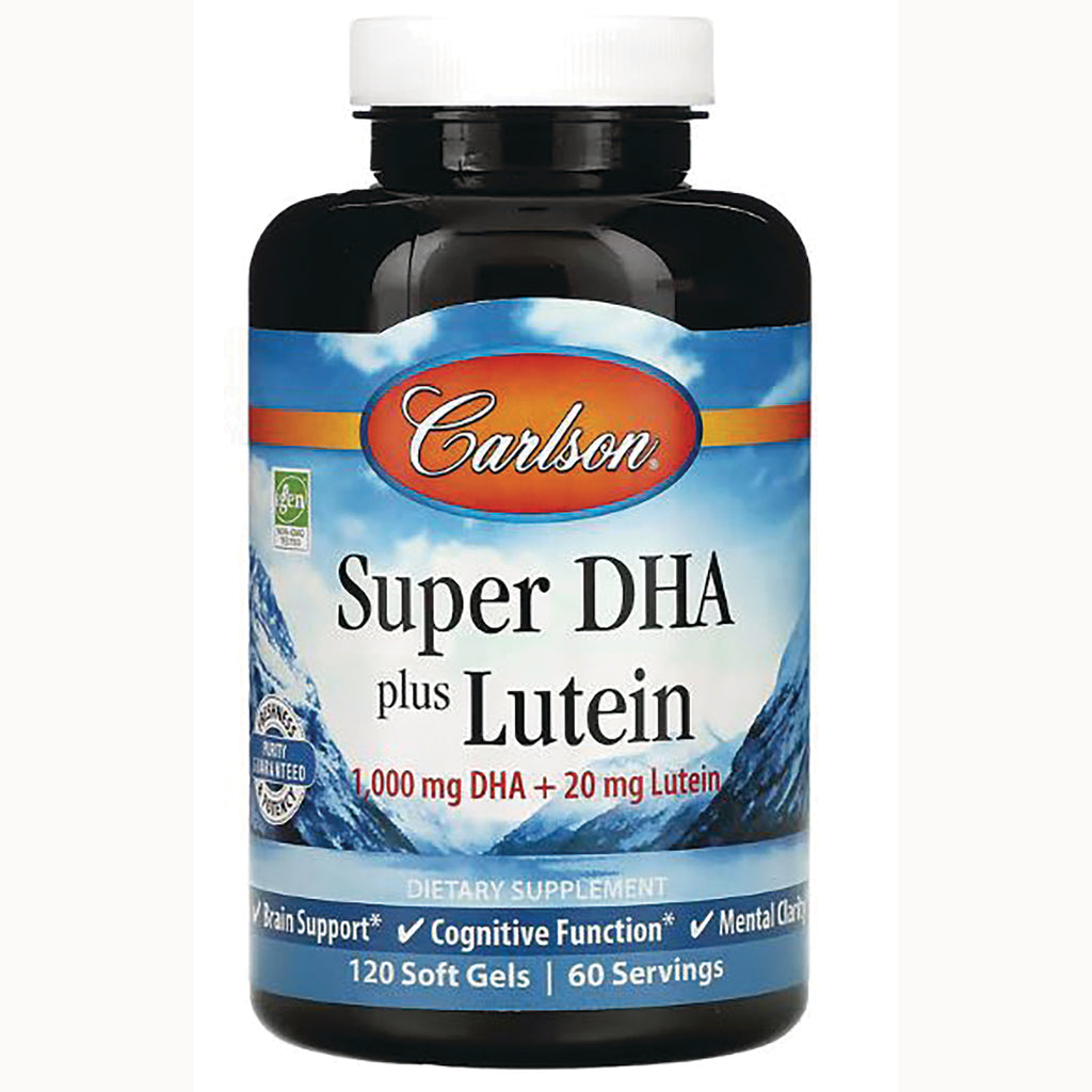 CSN275 | Carlson Super DHA plus Lutein dietary supplement bottle front label showing 1,000 mg DHA + 20 mg Lutein, 120 soft gels - Thumbnail