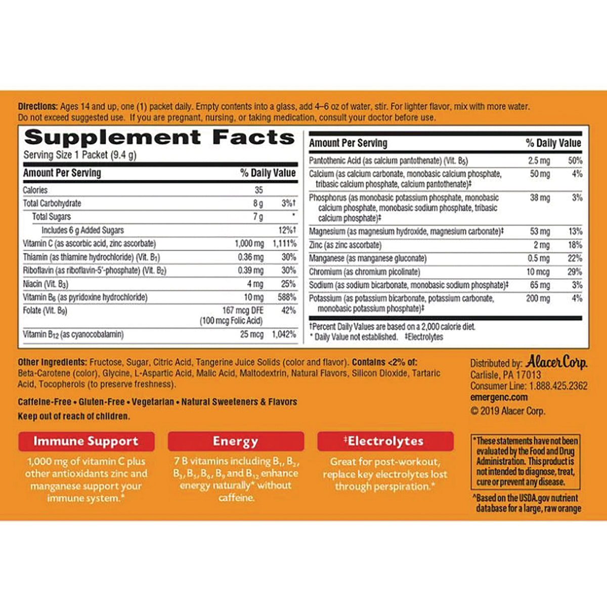 AC112 | Supplement Facts panel with directions, other ingredients, and immune support, energy, and electrolytes callouts