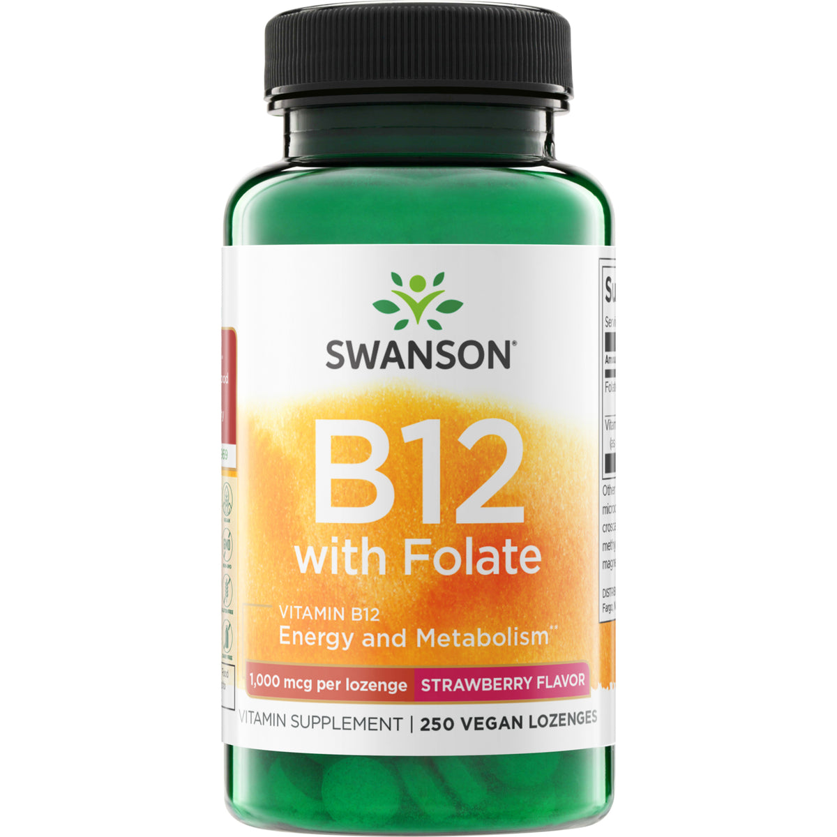 SW747 | Swanson B12 with Folate, strawberry lozenges, 1,000 mcg per lozenge, 250 count