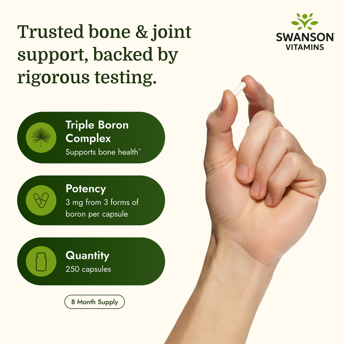 SW599 | Swanson Vitamins infographic highlighting Triple Boron Complex, potency, quantity, and 8 month supply