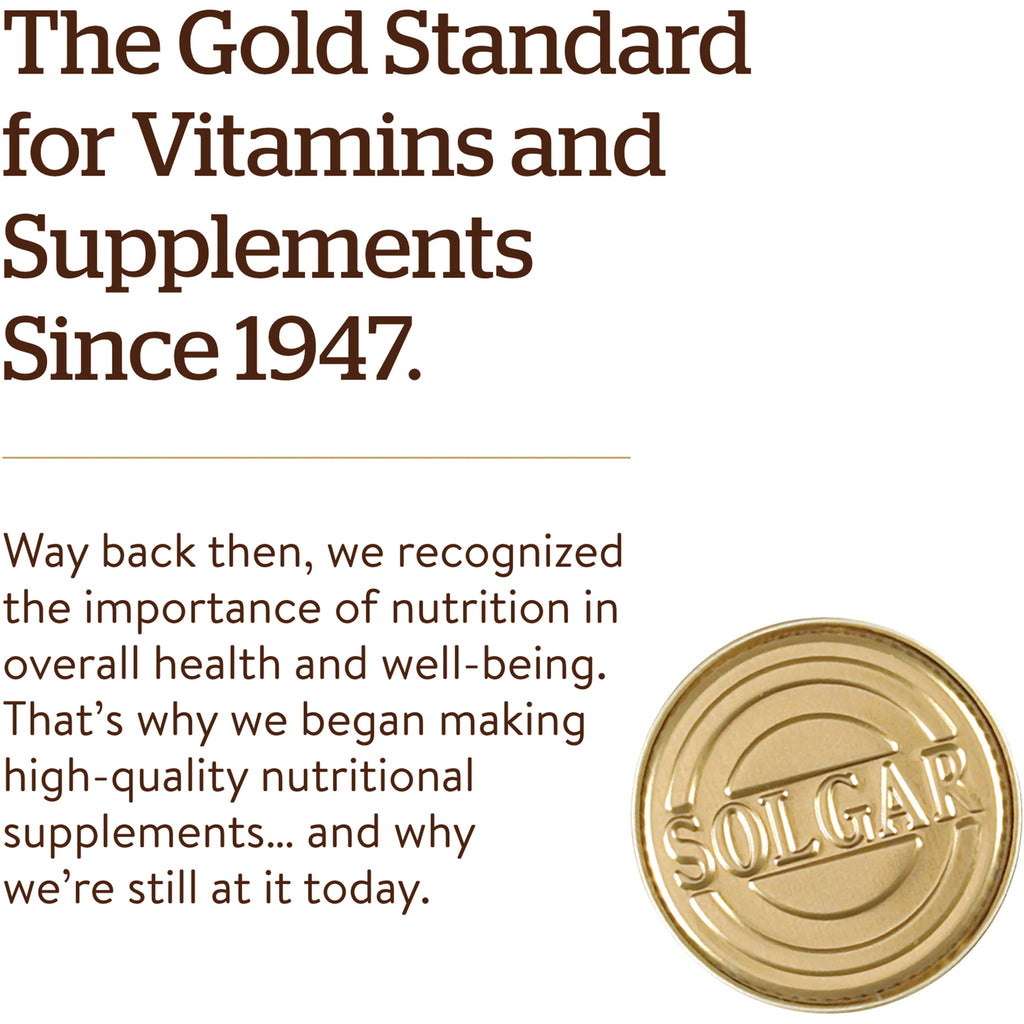 SLG309 | Product infographic with headline The Gold Standard for Vitamins and Supplements Since 1947 and gold SOLGAR seal - Thumbnail