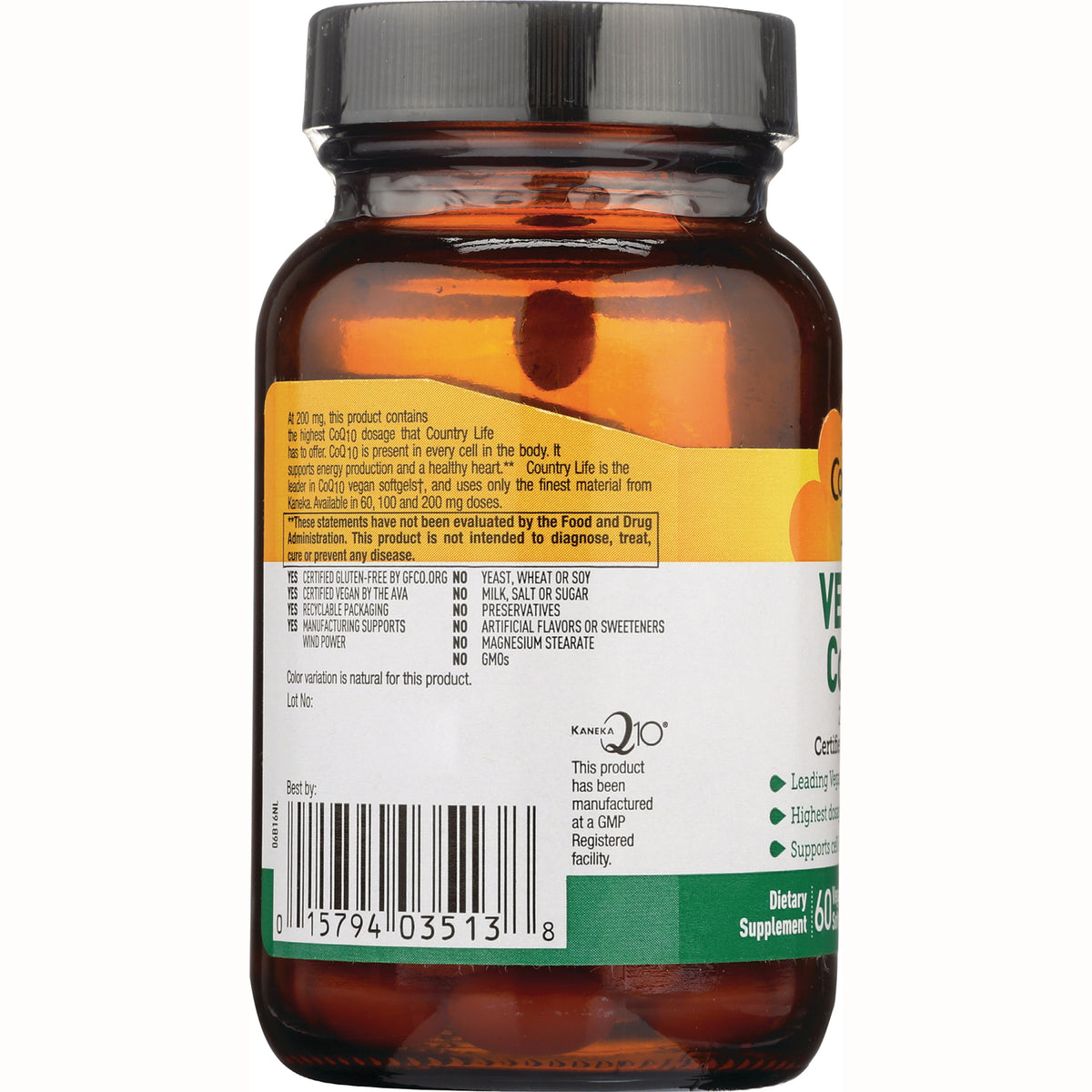 CRL609 | Back of amber supplement bottle label showing barcode, ingredients, claims and Kaneka Q10 logo