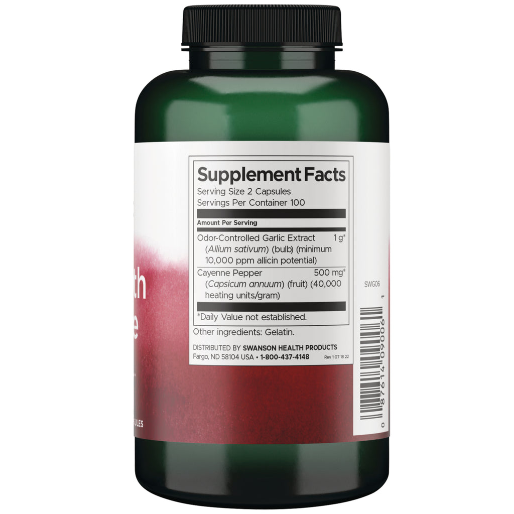 SWG06 | Back label with Supplement Facts for odor-controlled garlic and cayenne pepper, barcode, and other ingredients - Thumbnail
