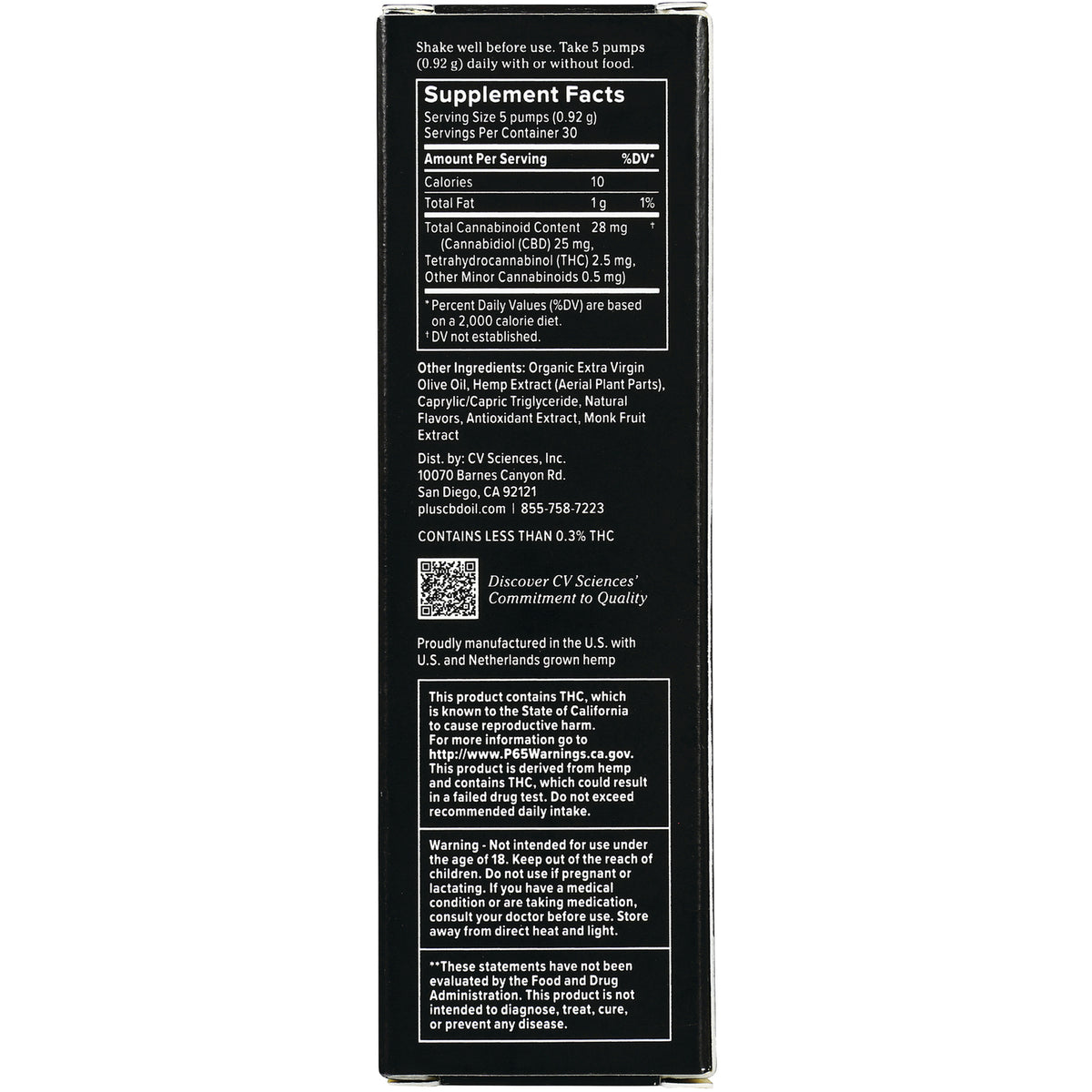 CV045 | Back panel showing supplement facts, ingredients, and warning text