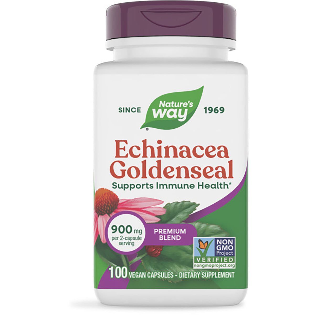NW073 | Nature's Way Echinacea Goldenseal premium blend bottle, 100 vegan capsules, supports immune health