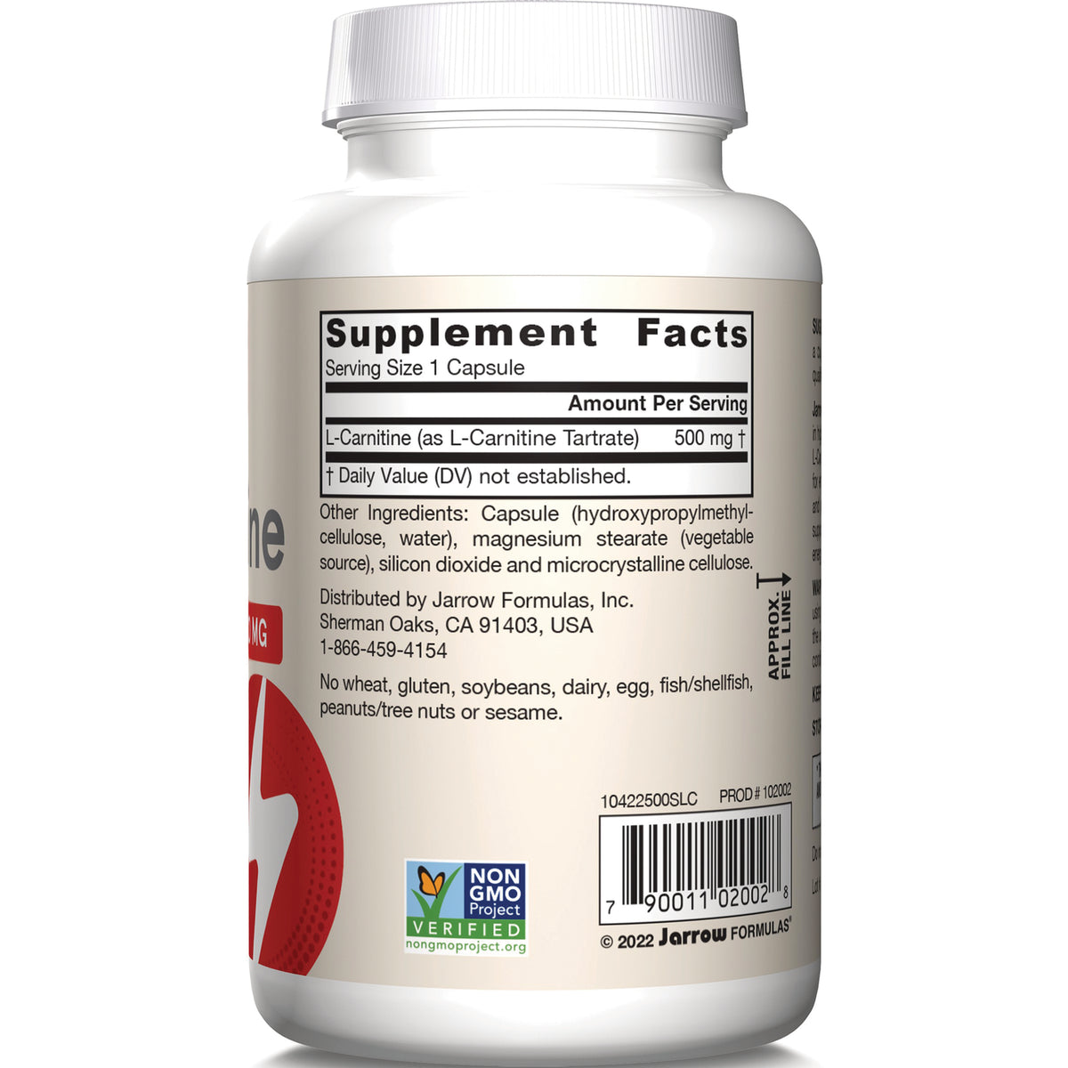 JR193 | Back label of white supplement bottle showing Supplement Facts table, ingredients, barcode, and Non-GMO verified badge