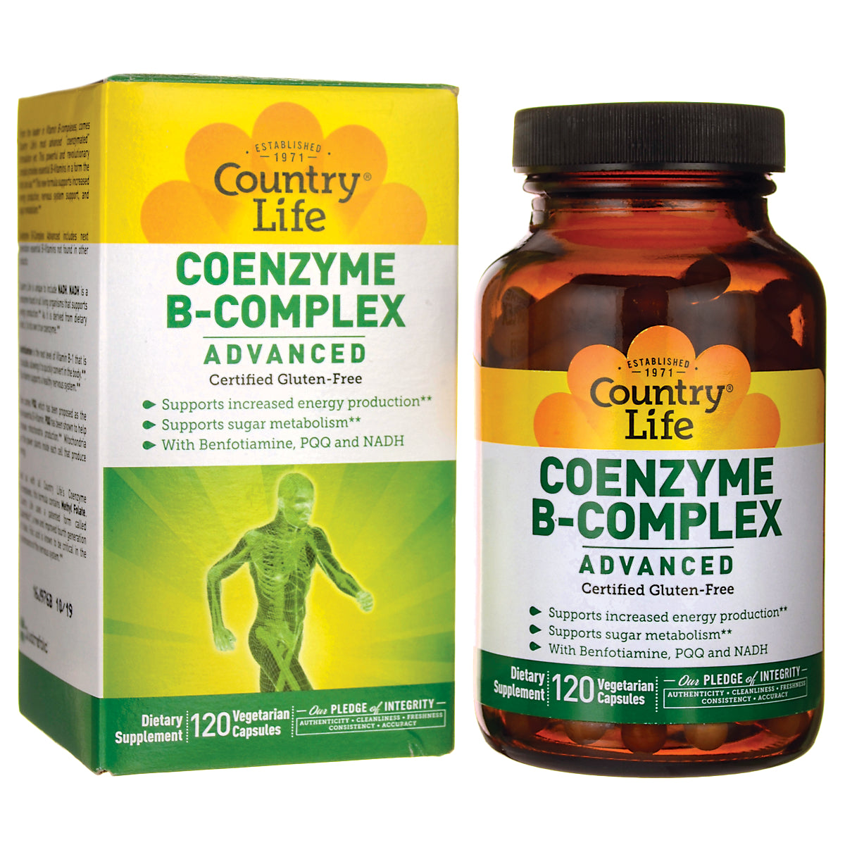 CRL595 | Country Life Coenzyme B-Complex Advanced dietary supplement bottle and box, 120 vegetarian capsules