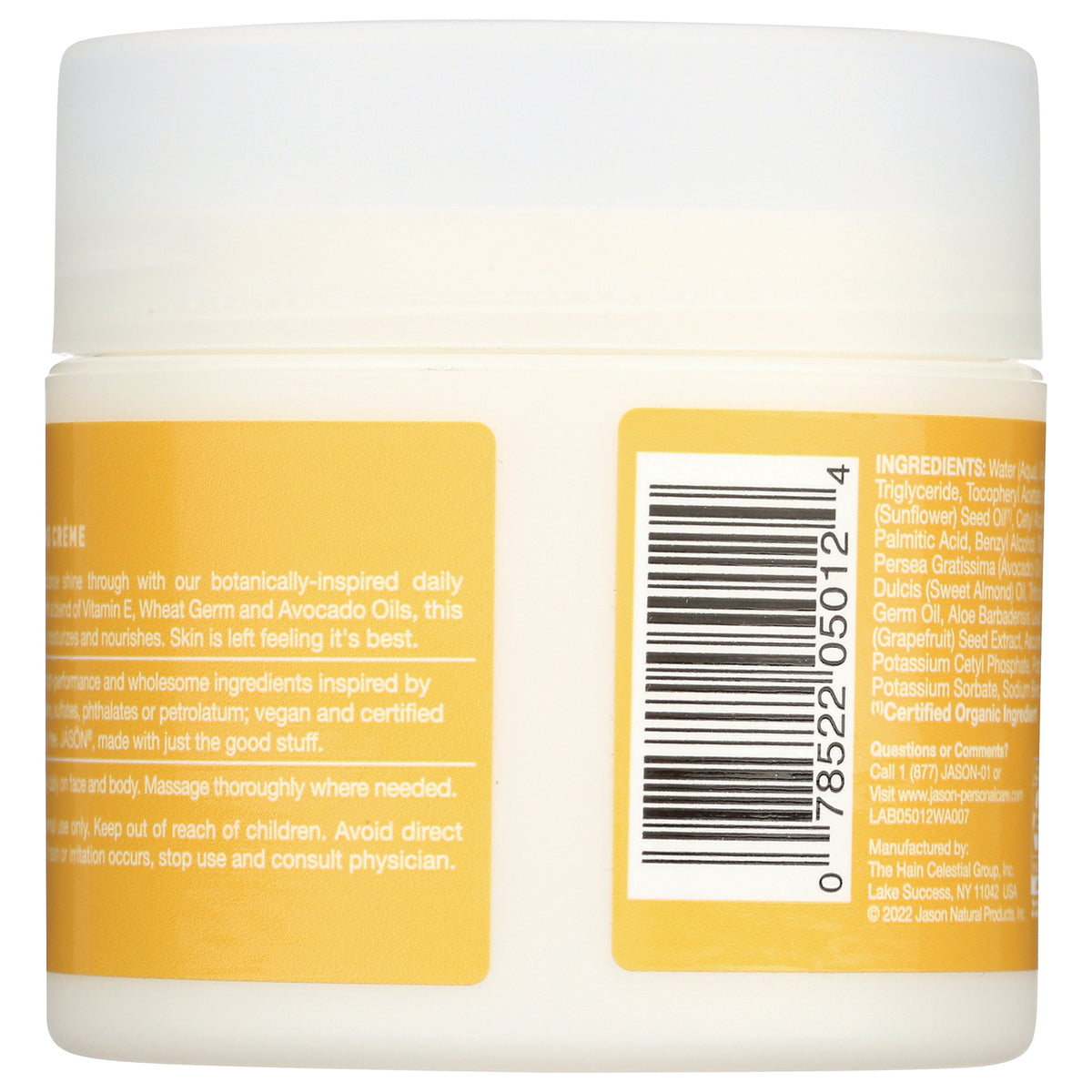 JC128 | back label of white jar with yellow panels showing barcode and ingredient text