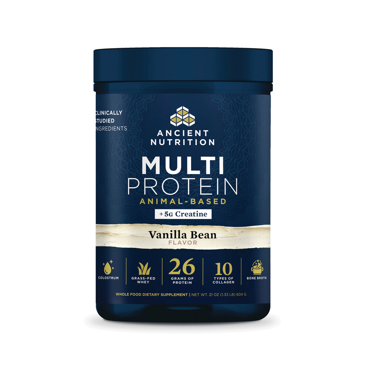 ATN153 | Ancient Nutrition Multi Protein Vanilla Bean supplement tub with +5g creatine