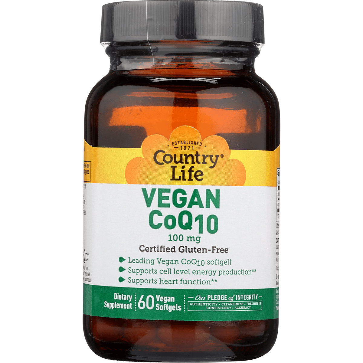 CRL337 | Country Life Vegan CoQ10 100 mg bottle front label, 60 vegan softgels, certified gluten-free
