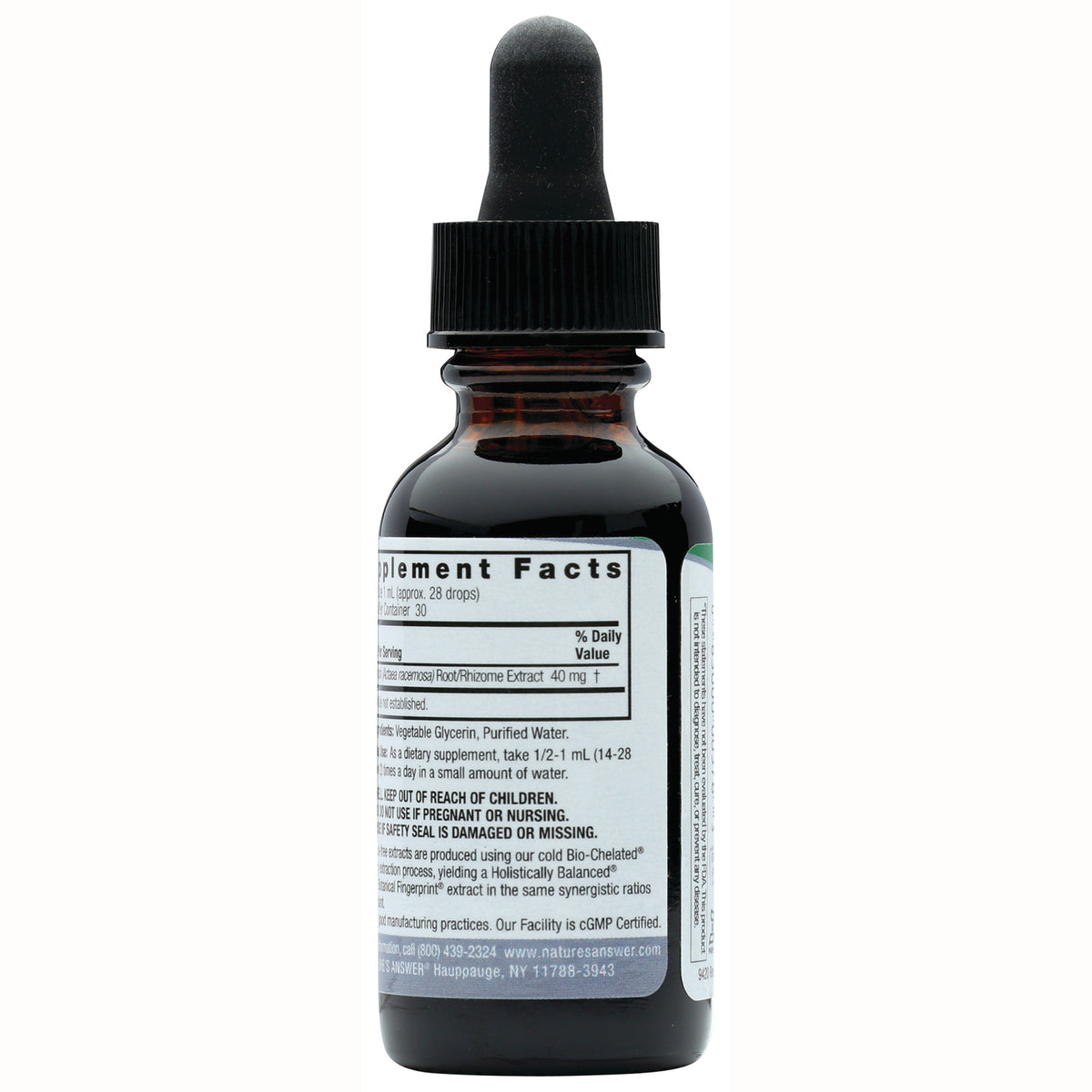 NAT010 | Back of amber dropper bottle showing Supplement Facts panel and small warning and ingredient text